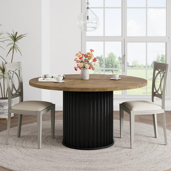 47-Inch Industrial Round Dining Table for 4-6 Home Kitchen Table with Sturdy Waveform Metal Base | Space-Saving, Rustic Modern Design – Durable & Easy to Clean