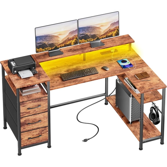47 Inch L Shaped Computer Desk with Power Outlets and LED Lights, Reversible Gaming Desk with File Drawer & Monitor Stand, Corner Gamer Desk Table for Home Office with Storage Shelves, Rustic Brown