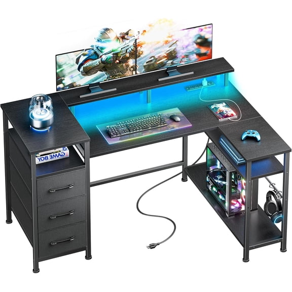 47 Inch L Shaped Computer Desk with Power Outlets and LED Lights, Reversible Gaming Desk with File Drawer & Monitor Stand, Corner Gamer Desk Table for Home Office with Storage Shelves, Black