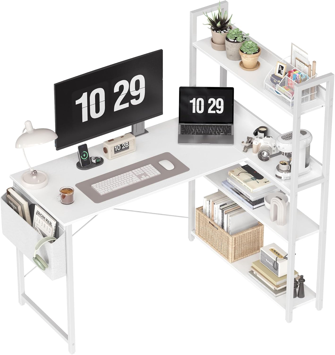 47 Inch L Shaped Computer Desk with Bookshelf and Storage White ...