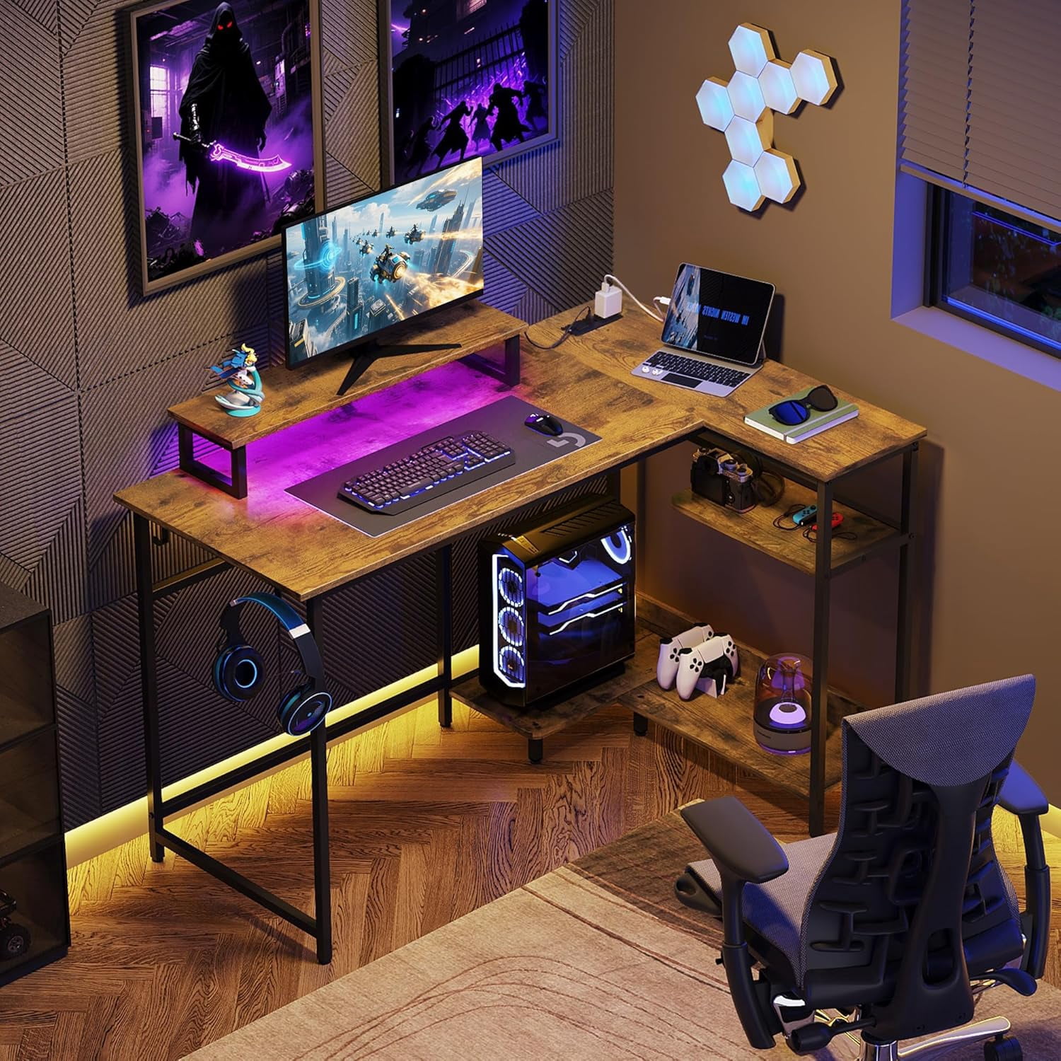Rustic Led Gaming Pc Background 47 Inch L Shaped Gaming Desk with LED Lights & Power Outlets, Corner ...
