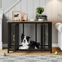 48" Large Furniture Style Dog Crate - Heavy Duty Metal/Wooden Indoor Kennel, Top Opening & 2 Doors, Rustic Brown Decorative Pet Cage Table