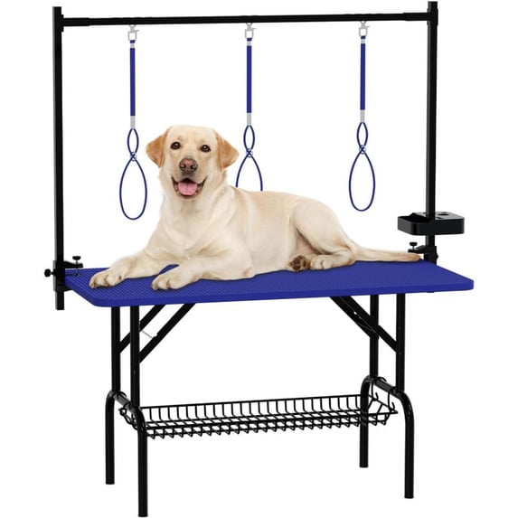 47 Inch Large Dog Grooming Table – Foldable Pet Grooming Station for Home & Salon, Adjustable Arm with Double Nooses, Mesh Tray, Sturdy H-Frame, Non-Slip Pink Desktop, For Large Dogs & Cats,