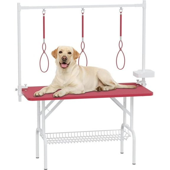 47 Inch Large Dog Grooming Table – Foldable Pet Grooming Station for Home & Salon, Adjustable Arm with Double Nooses, Mesh Tray, Sturdy H-Frame, Non-Slip Pink Desktop, For Large Dogs & Cats,