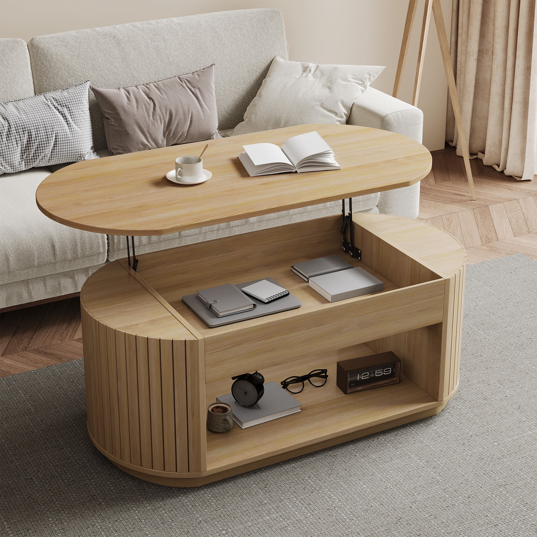 Lift Top Coffee Table Pipishell With Storage - Modern Fluted Design ...