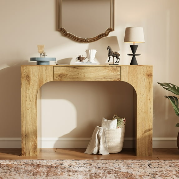 47 Inch Long Console Table with Drawer, Narrow Rectangular Sofa Table Behind The Couch, Farmhouse Entryway Table for Entrance, Hallway, Living Room (Natural)