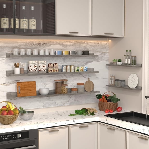 47 Inch Long Floating Shelves for Wall Set of 5, Grey Wood Wall Shelves for Bathroom, Bedroom, Kitchen, Living Room Storage and Decoration, Gray Wooden Picture Ledge