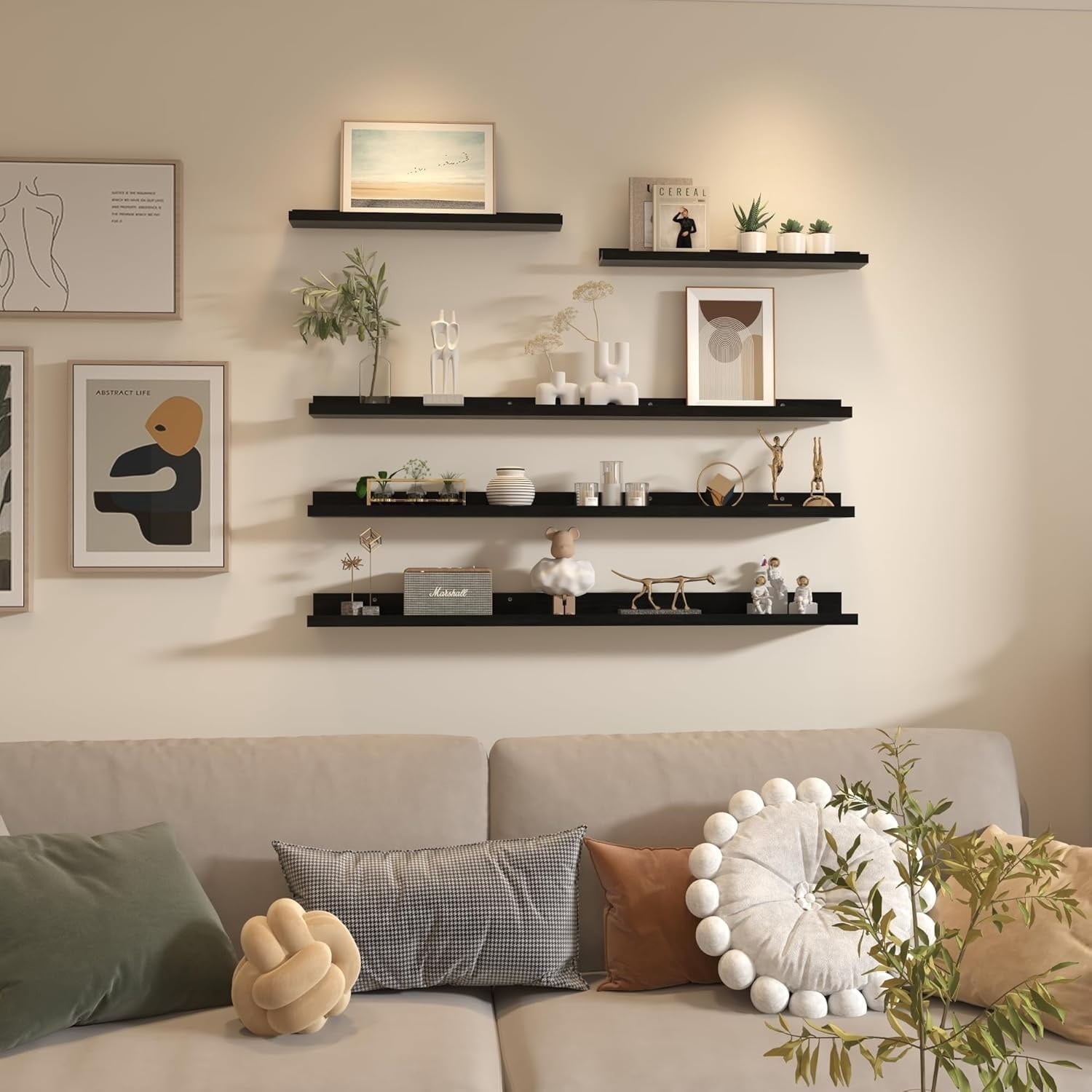 47 Inch Long Floating Shelves for Wall Set of 5, Black Wood Wall Shelves for Bathroom, Bedroom, Kitchen, Living Room Storage, Wooden Picture Ledge