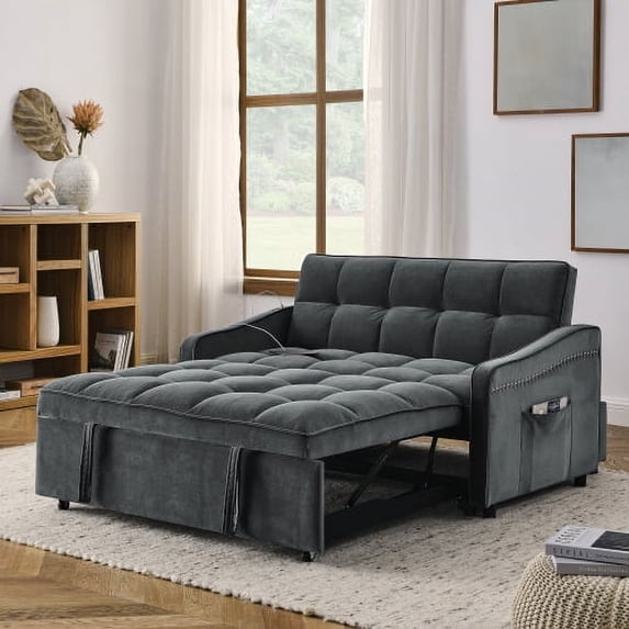 47 Inch Loveseat Sofa Bed with Pull-Out Sleeper, Mid-Century Modern Velvet Convertible Sofa with Adjustable Back, USB-C Charging and Arm Storage Pockets, Grey