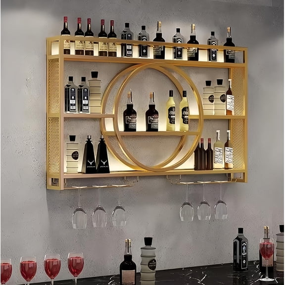 47 Inch Metal Wall Mounted Wine Rack, 3 Tier Bar Shelves with Glass Holder, Large Capacity Modern Liquor Shelves for Home Bar, Dining Room & Kitchen, Gold