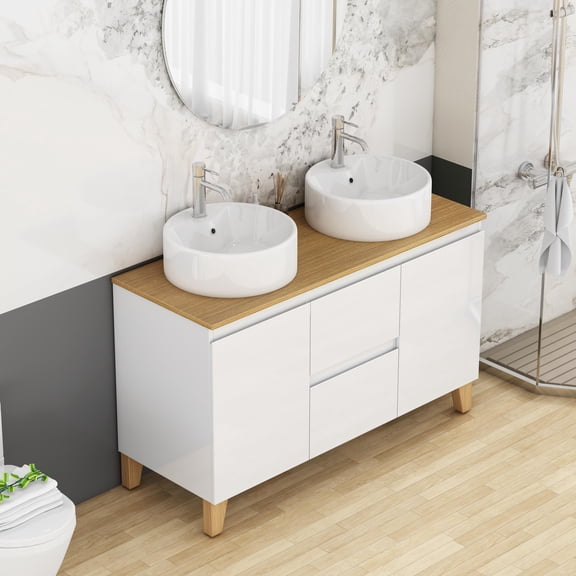 dokea 47" Modern Double Basin Vanity - 2 Doors, White