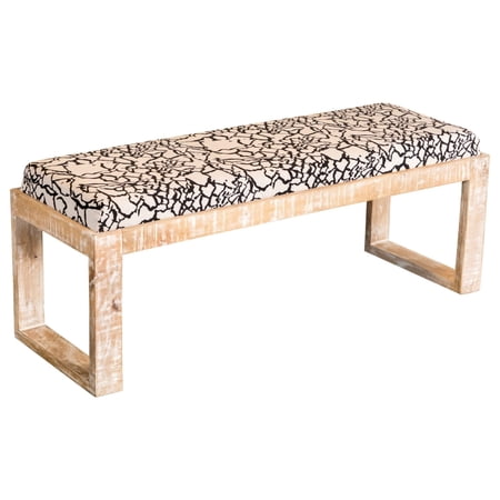 47 Inch Modern Bench Upholstered Cushioned Seat Fabric Black White - Saltoro Sherpi