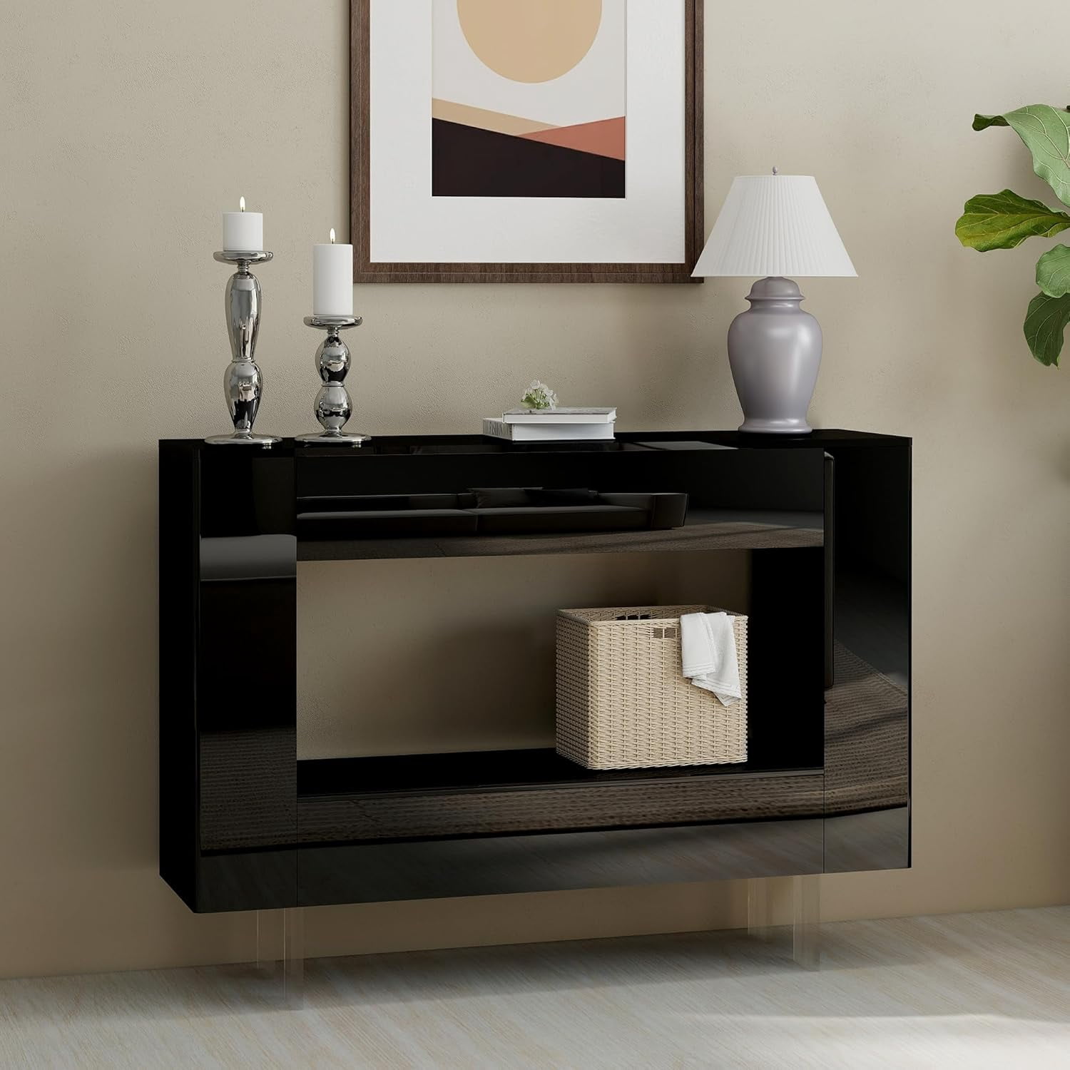47-Inch Modern Black High Gloss Console Table with Hidden Side Storage Cabinets and Adjustable Shelves, Entryway Sofa Table