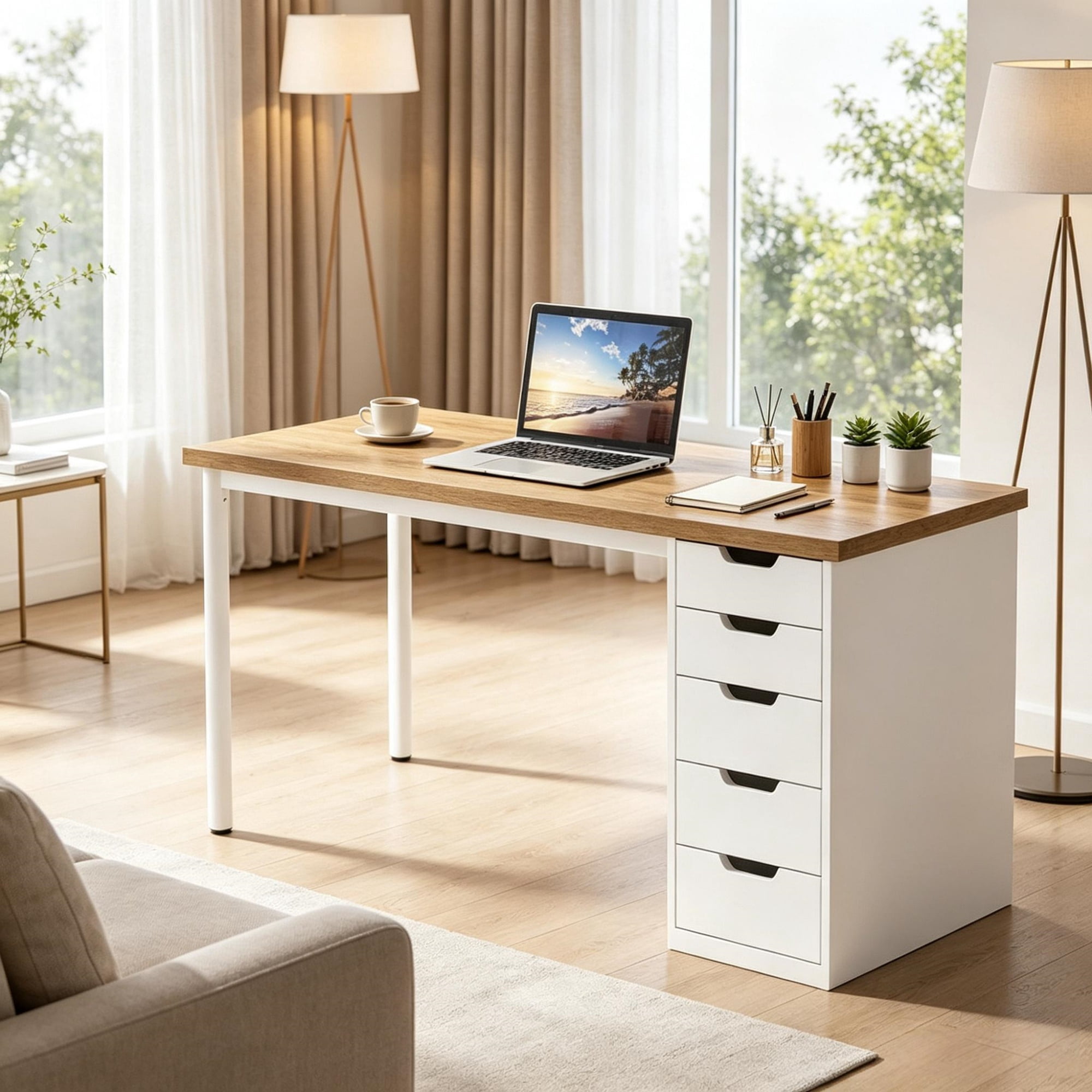 47 Inch Modern Computer Desk with 5 Reversible Drawers, Study Writing Table for Home Office