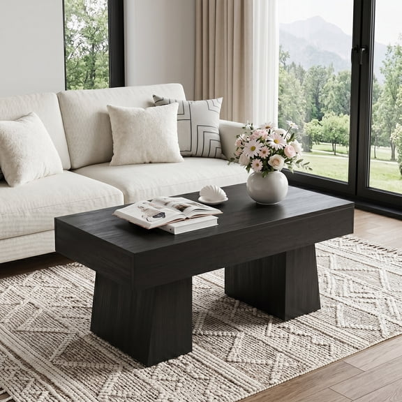 47 Inch Modern Farmhouse Coffee Table, Rectangular Low Profile Wooden Center Table for Living Room with Open Shelf, Black Accent Furniture Black