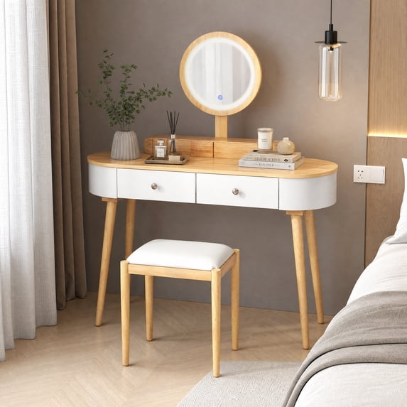 47 Inch Modern Makeup Vanity Desk Set with 3 Color Round LED Mirror, Dressing Table with 4 Storage Drawers & Padded Stool for Bedroom,Natural and White