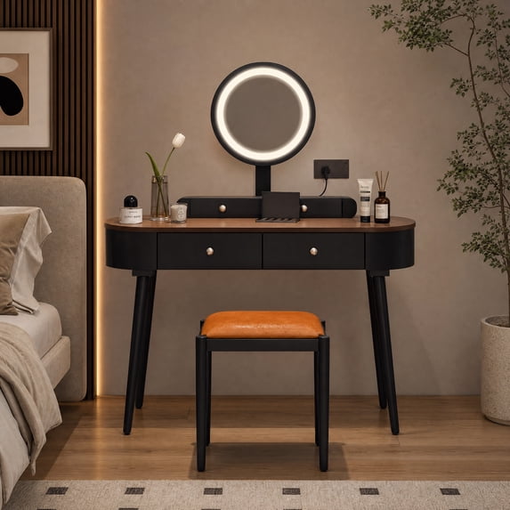 47 Inch Modern Makeup Vanity Desk Set with 3 Color Round LED Mirror, Dressing Table with 4 Storage Drawers & Padded Stool for Bedroom,Black and Brown