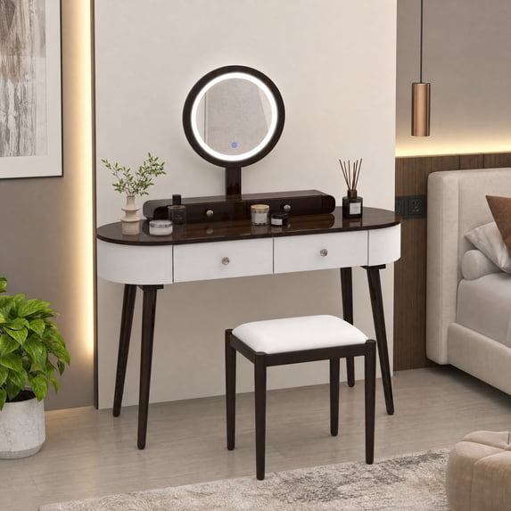 47 Inch Modern Makeup Vanity Desk Set with 3 Color Round LED Mirror, Dressing Table with 4 Storage Drawers & Padded Stool for Bedroom,White and Brown