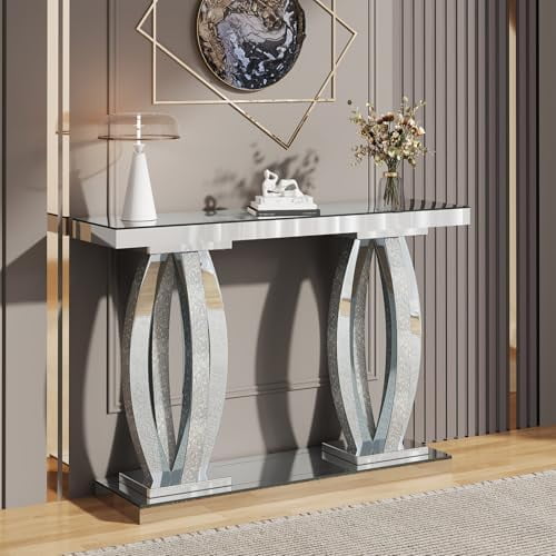 47-Inch Modern Mirrored Console Table with Crushed Diamond Finish for ...