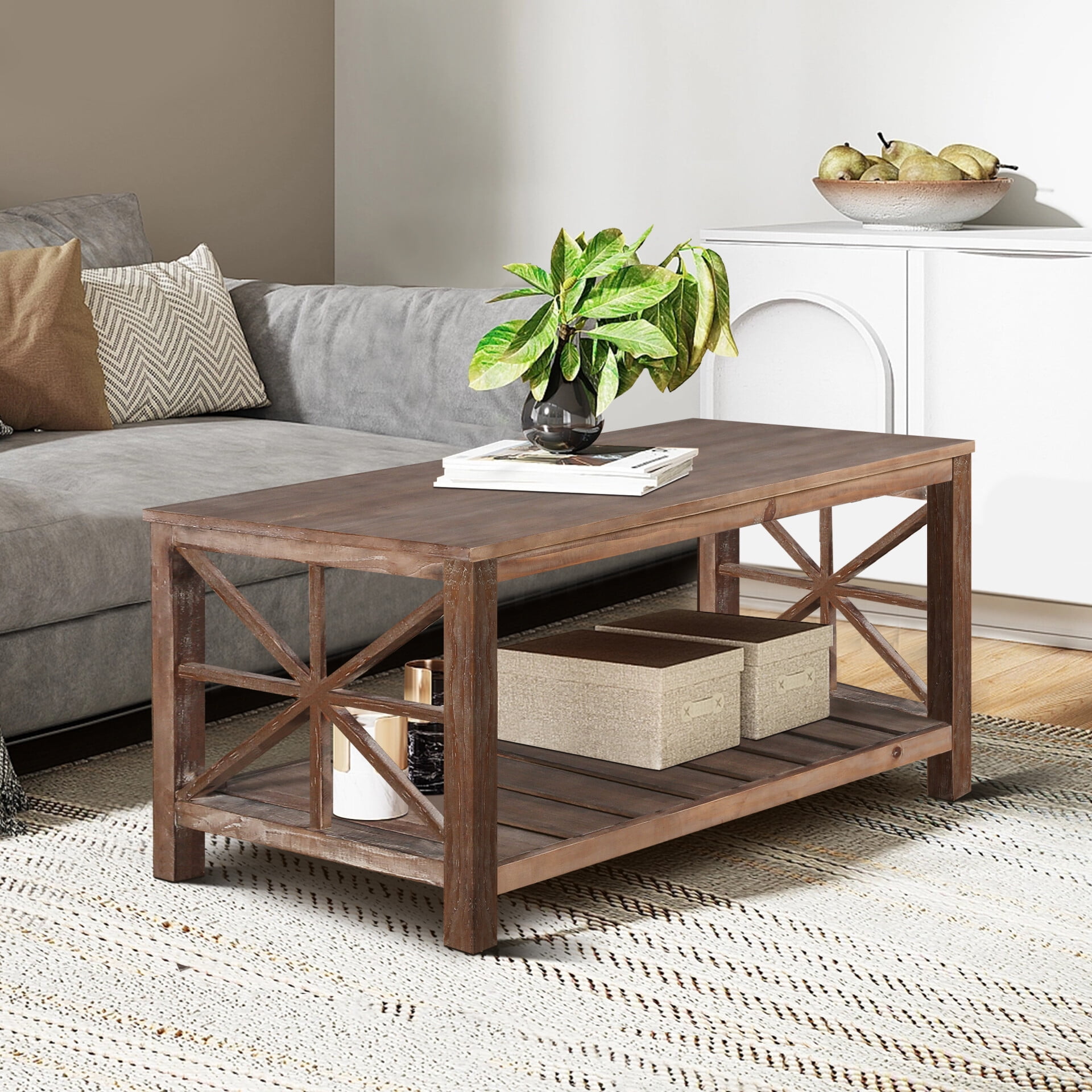 47 Inch Modern Rectangle Double-Deck Coffee Table with Storage Shelf ...