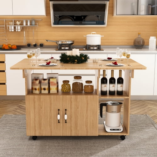 47 Inch Multi-Functional Folding Table with Storage Shelves and Wheels, Foldable Dining Table for Small Spaces, Compact Desk for Kitchen, Dorm, Office, Ancient Oak