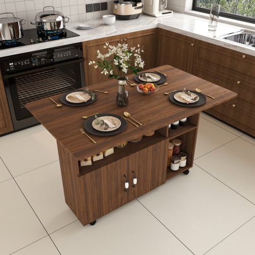 47 Inch Multi-Functional Folding Table with Storage Shelves and Wheels, Foldable Dining Table for Small Spaces, Compact Desk for Kitchen, Dorm, Office, Walnut