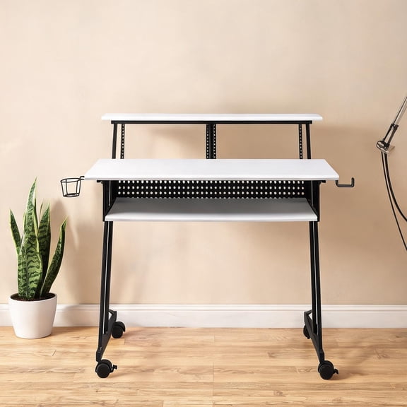 47-Inch Music Studio Desk with Sliding Keyboard Tray, White Top and Jet Black Steel Frame
