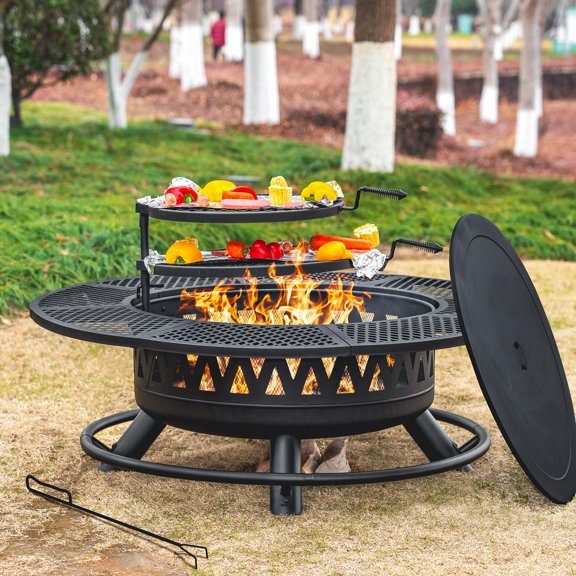 47 Inch Outdoor Fire Pit With 2 Grills Wood Large Fireplace Table