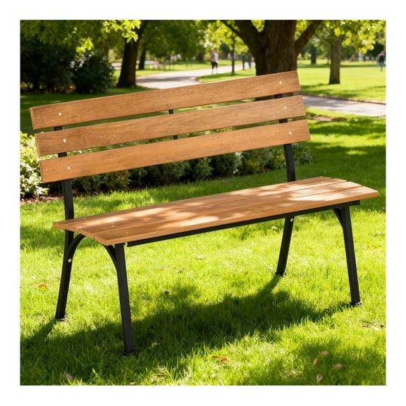 47 Inch Outdoor Wood Bench with Metal Frame - Slatted Seat, 2 Person Garden Bench, Patio Loveseat for Porch, Yard