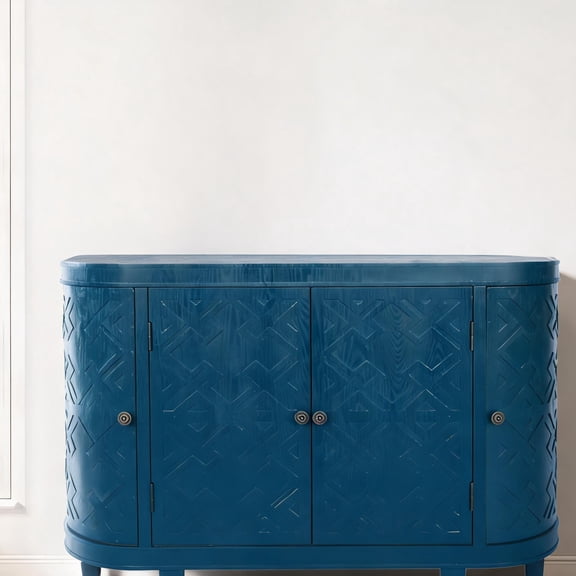 47-Inch Oval Buffet Cabinet with Sliding Doors, Rich Blue MDF Storage Sideboard, Fluted Accent for Living Room, Kitchen, Foyer