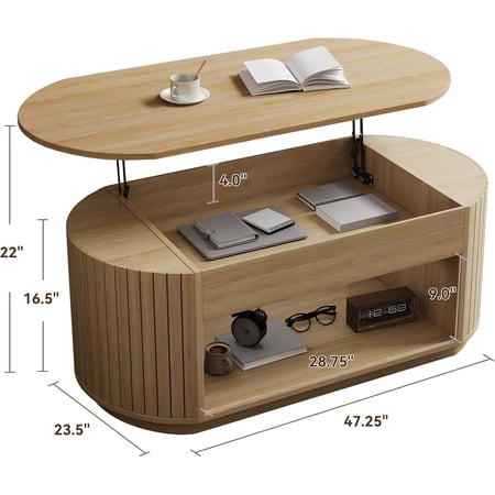 47-Inch Oval Lift Top Coffee Table with Storage Shelf for Living Room, Large Wooden Fluted Modern Center Table with 2 Tier Shelf, Modern Tea Tables with Hidden Compartment for Bedroom, Light Oak
