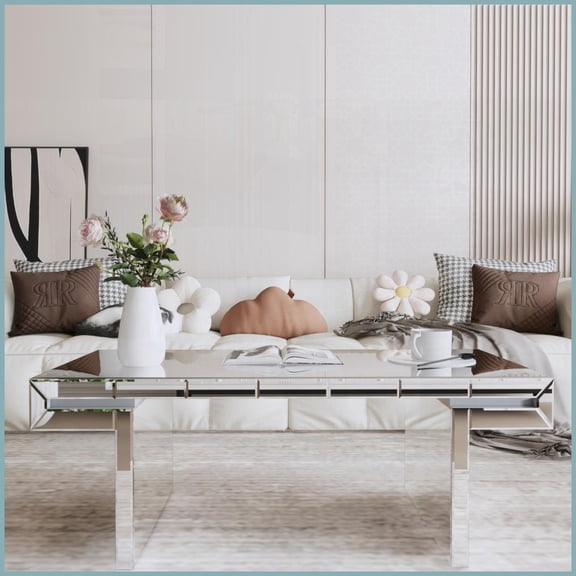 47 Inch Rectangular Mirror Coffee Table, Fluted Tempered Glass Easy 2-Step Assembly, Space-Expanding Light Luxury Design for Living Room