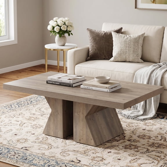 47 Inch Rectangular Wood Coffee Table Farmhouse Cocktail Table With Thick Wooden Base Sturdy Structure For Living Room Home Furniture (Rustic Brown)