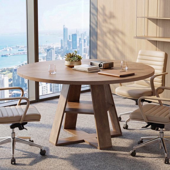 47-Inch Round Conference Table for 46 People, Office Meeting Table with X-Shaped Pedestal Base & Open Storage Shelf, Modern Business Table for Conference Room & Home Office