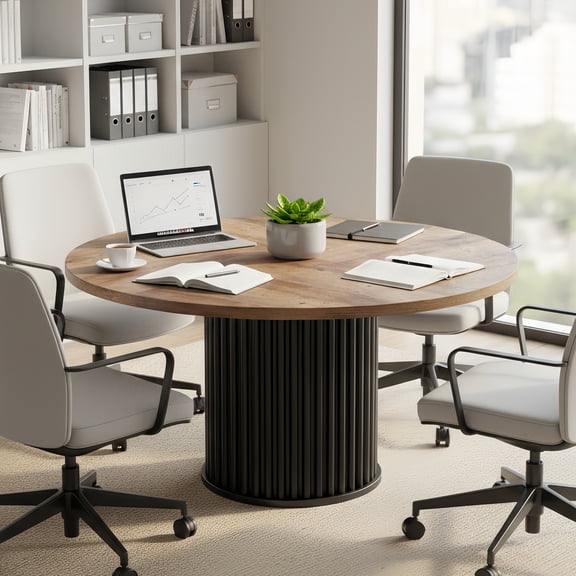 47-Inch Round Conference Table, 4-6 Person Space-Saving Meeting Table with Sturdy E1-Grade MDF Top & Metal Base, Perfect for Small Office, Conference Room, Brown + Black