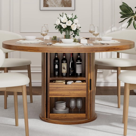 47 Inch Round Dining Table for 4-6, Kitchen Table with 2-Layer Storage Shelf and a Drawer, Farmhouse Circle Dinner Table for Dining Room, Kitchen, Living Room (Table Only), Walnut