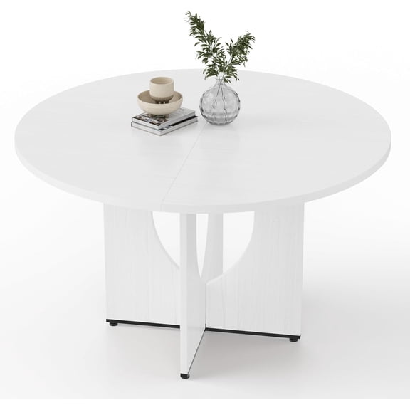 47 Inch Round Dining Table for 4-6, Modern Kitchen Table with Sturdy Wooden Pedestal Base, Dining Room Table, Circle Dining Table for Dining Room, Living Room, Cafe, Easy to Assemble - White