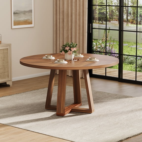 47 Inch Round Dining Table for 4-6 People, Circle Kitchen Table with Cross Base, Farmhouse Wood Dinner Table, for Dining Room Living Room Space Saving
