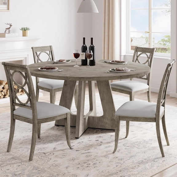 47 Inch Round Dining Table for 4-6 People, Farmhouse Circle Dinner Table with Wooden Cross Pedestal Base, Kitchen Table for Dining Room, Living Room, Table Only-Gray