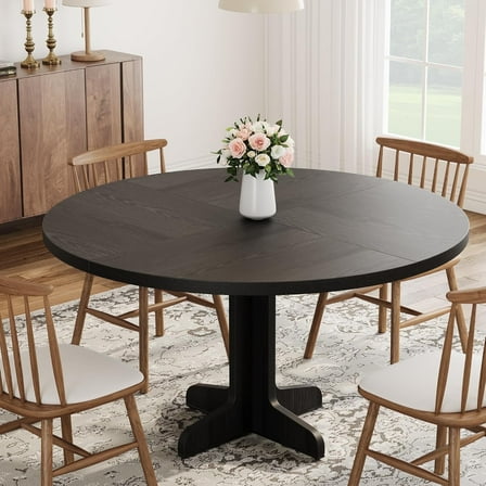 47-Inch Round Dining Table for 4-6 People, Farmhouse Kitchen Table with Wooden Top and Sturdy Base, Circle Dining Room Table for Home or Living Room, Black (Only Table)