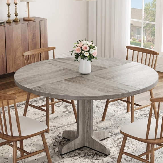 Round Dining Table for 4, 47 Inch Farmhouse Kitchen Table with Wood Tabletop and Stable Base, Circle Dinning Room Table for Home Dining Room Living Room, Grey