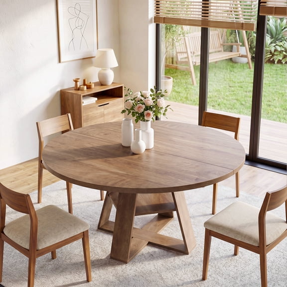 47-Inch Round Dining Table for 46 People, Farmhouse Kitchen Table with X-Shaped Pedestal Base & Open Storage Shelf, Modern Wood Dining Table for Dining Room & Kitchen