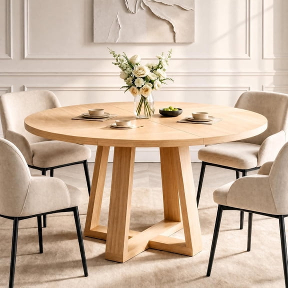 47 Inch Round Dining Table for 46 People, Farmhouse Wood Kitchen Table with Cross Pedestal Base, Stable Reinforced Structure for Dining Room, Living Room & Apartment UseNatural