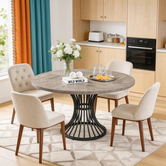 47 Inch Round Dining Table For 4-6 People Industrial Kitchen Table With Thickened Tabletop Sturdy Metal Base Modern Dining Room Table For Home Office Meeting (Grey)