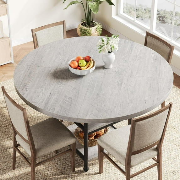 47-Inch Round Dining Table for 4-6 People, Wooden Round Kitchen Table,3-Layer Modern Dinner Table with Storage Shelves & Roman Metal Legs for Dining Room, Living Room(Table Only)