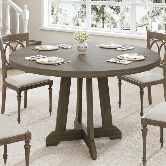 47 Inch Round Dining Table for 4-6, Wood Kitchen Table with Cross Base and Adjustable Foot Pads, Dining Room Table with Circle Tabletop for Apartment（Table only）, Light Elephant Gray
