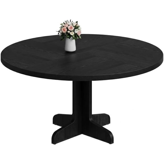 47 Inch Round Dining Table for 4, Farmhouse Kitchen Dining Room Table with Round Large Dark Wood, Modern Mid Century Furniture for Living Room, Pedestal Base, Black