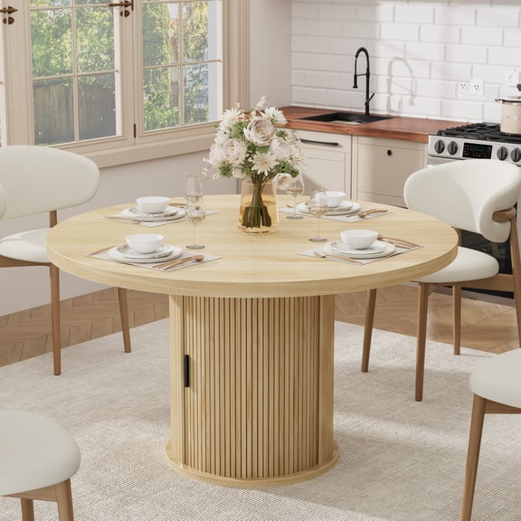 47 Inch Round Dining Table for 4, Kitchen Table with 2-Layer Storage Shelf and a Drawer, Farmhouse Circle Dinner Table for Dining Room, Kitchen, Living Room (Table Only)