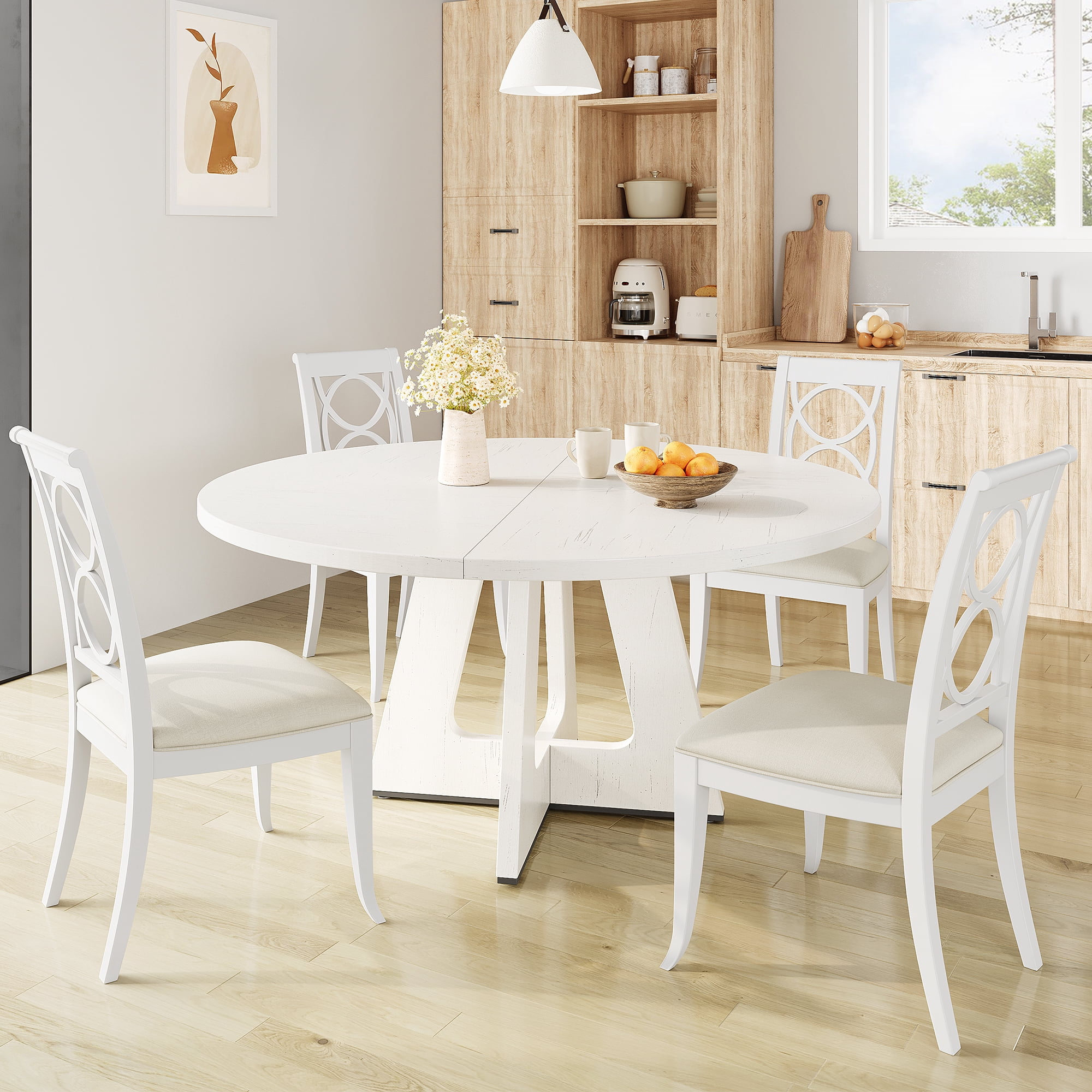 47-Inch Round Dining Table for 4, Wooden Pedestal Farmhouse Table ...