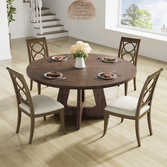 47-Inch Round Dining Table for 4, Wooden Pedestal Farmhouse Table, Modern Rustic Dining Furniture for Kitchen, Home, or Living Room, No Chairs – Brownish-Red